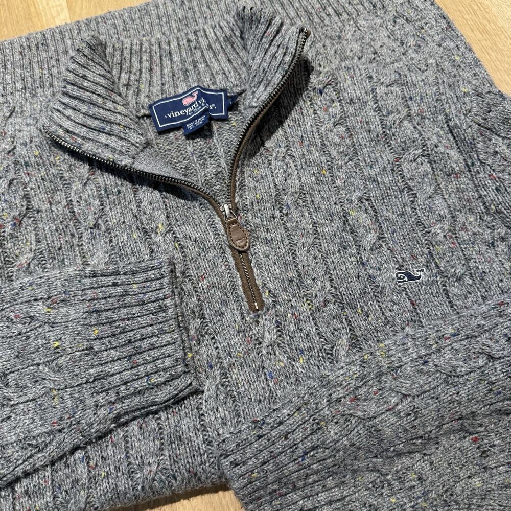 Vineyard Vines Sweater Mens Large Grey 1/4 Zip Marled Tweed Confetti Knit